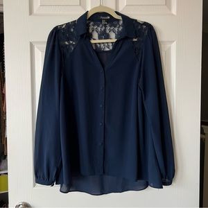 Forever21 Navy Button Up Blouse with Lace Shoulder Details